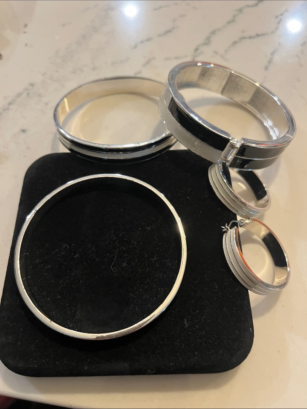 Chaps Silver Tone Bangles and Hoop Earring Set - Black Inlay Accent